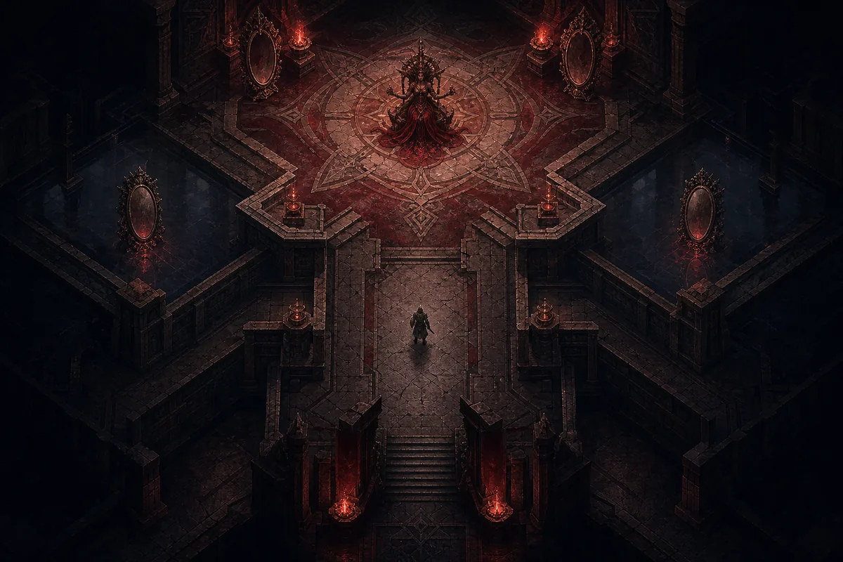 Editorial illustration of a PoE2 Atziri boss arena route, not a gameplay screenshot