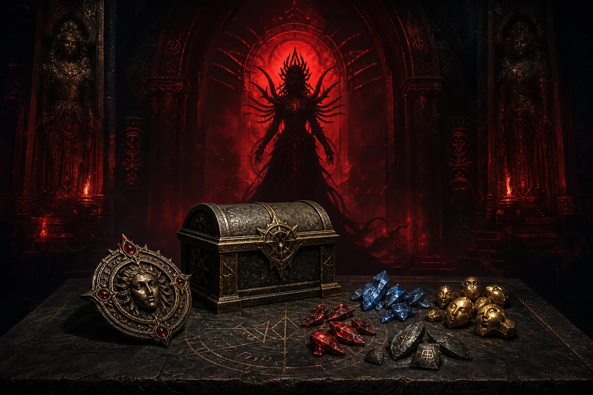 Editorial PoE2 Atziri rewards scene with medallion, vault chest, and currency symbols