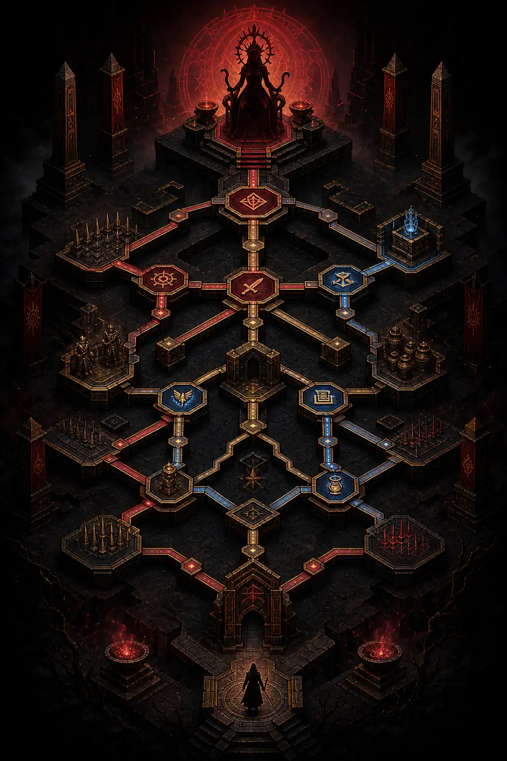 Editorial PoE2 Atziri guide illustration showing a temple route toward a boss arena