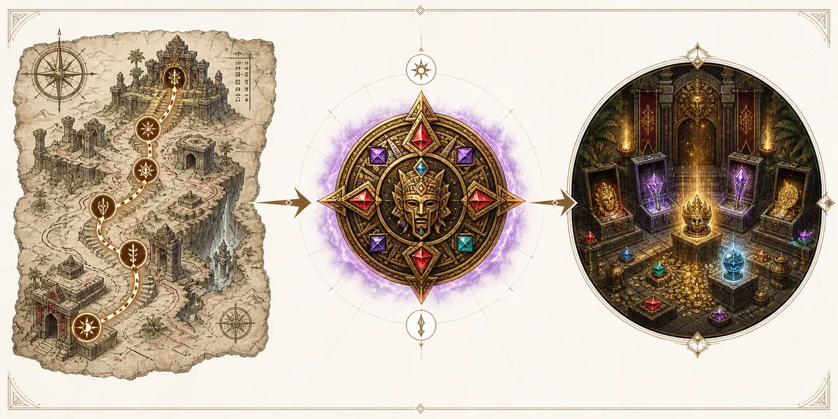 Editorial diagram showing PoE2 Temple route, Atziri medallion, and vault rewards as a planning flow