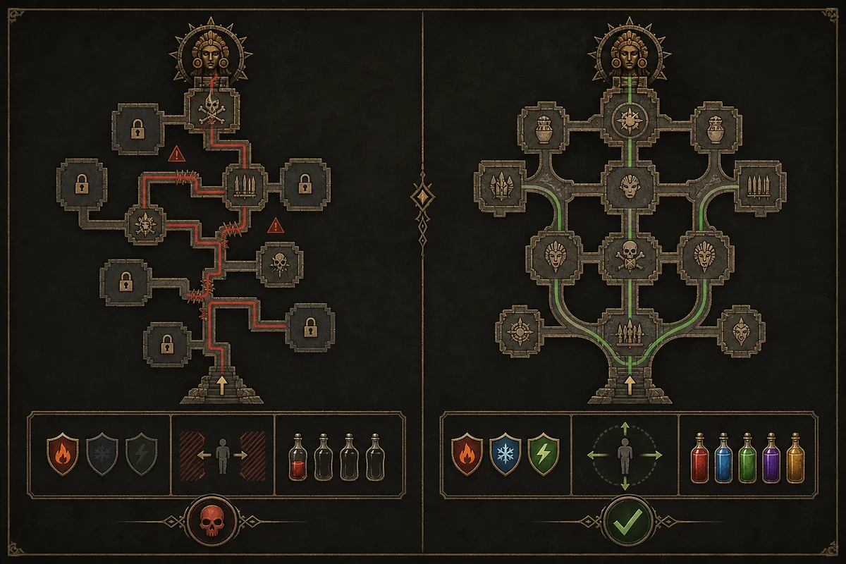 Editorial comparison graphic showing risky and boss-ready PoE2 Atziri Temple routes