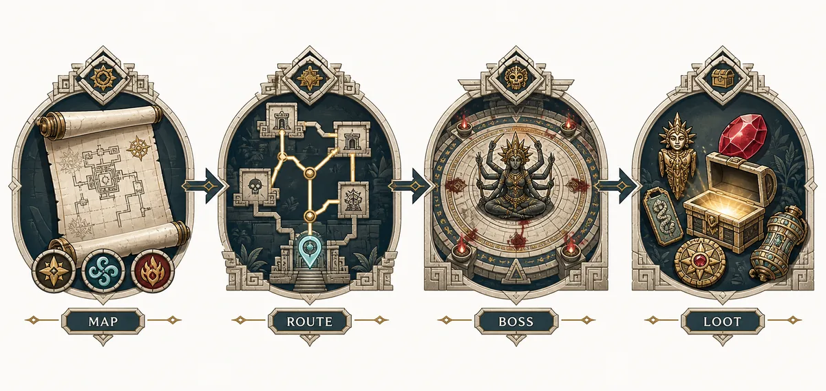 Editorial step-flow graphic for map, route, boss, and loot planning in a PoE2 Atziri Temple run