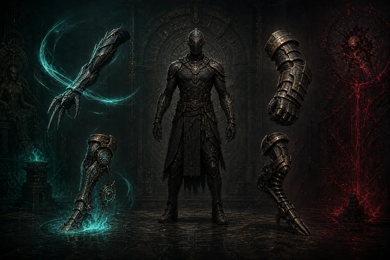 Editorial concept showing four mechanical limb choices and a red resurrection-loss symbol