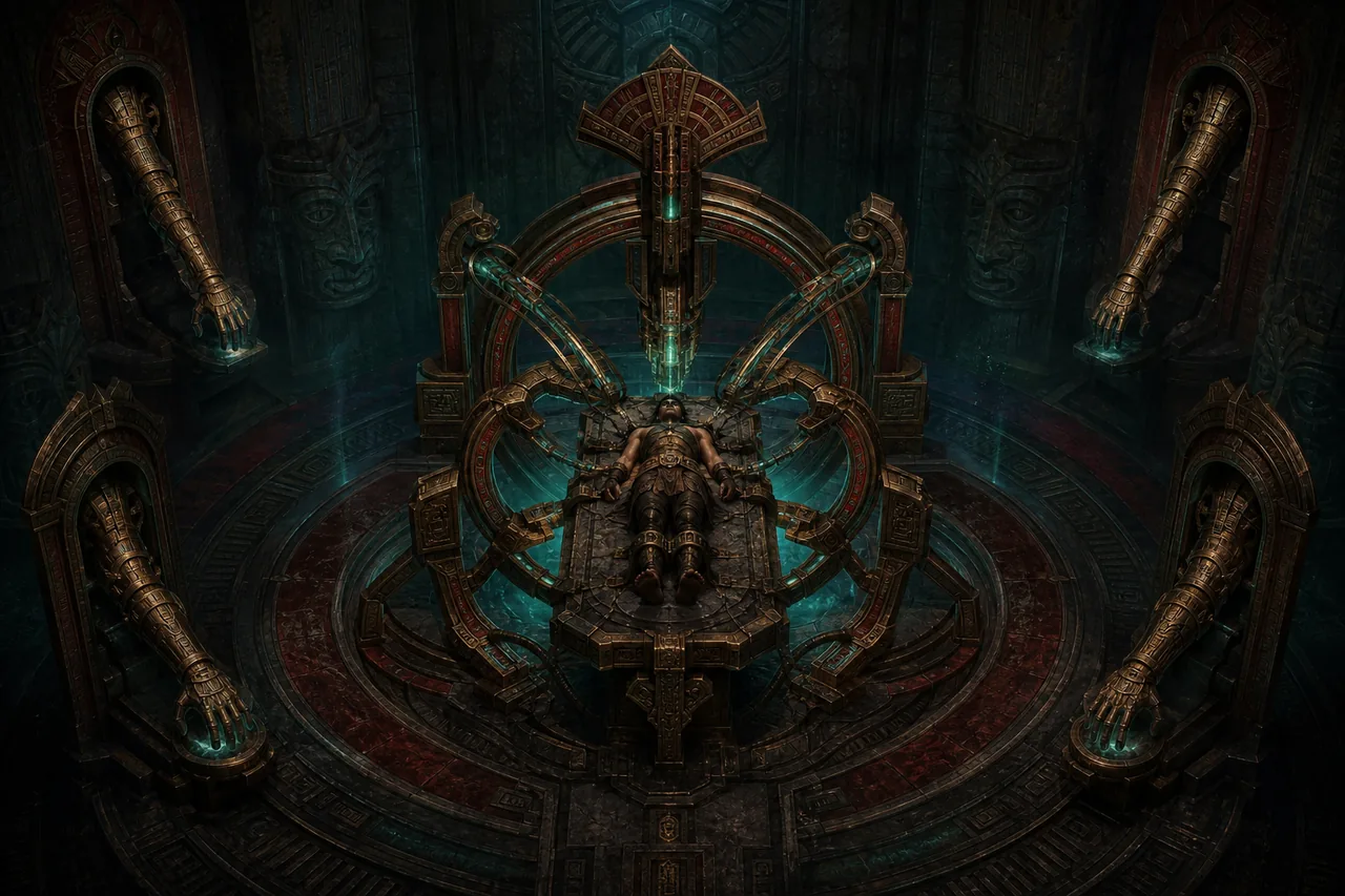 Editorial concept illustration of a Vaal Transcension Device used for PoE 2 limb modification