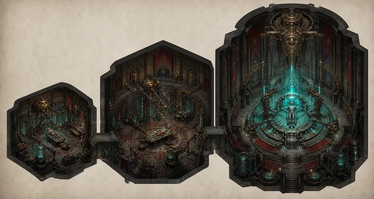 Text-free editorial concept of three progressively larger Vaal surgical rooms