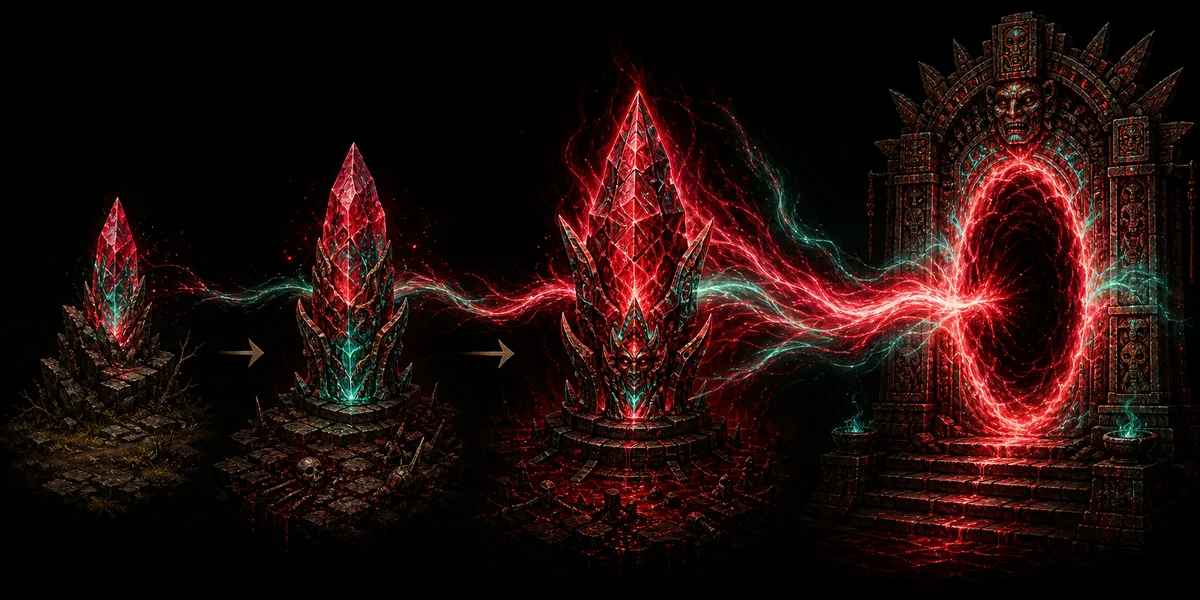 Editorial flow illustration showing three Vaal beacons combining into one Atziri Temple portal
