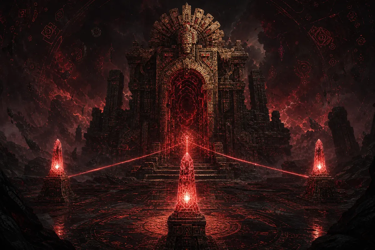 Editorial concept illustration of three Vaal beacons powering an Atziri Temple portal