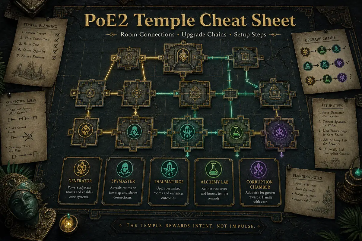 PoE2 Temple cheat sheet showing room connections, upgrade chains, and setup steps