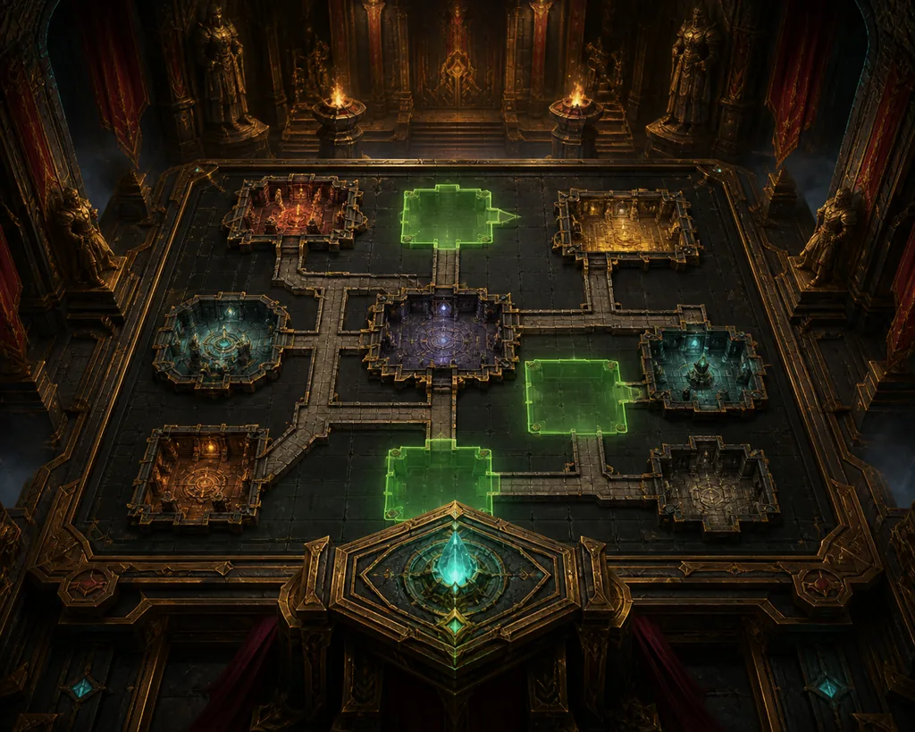 Editorial illustration of a PoE2 Temple Console board with connected rooms and glowing valid placement spaces