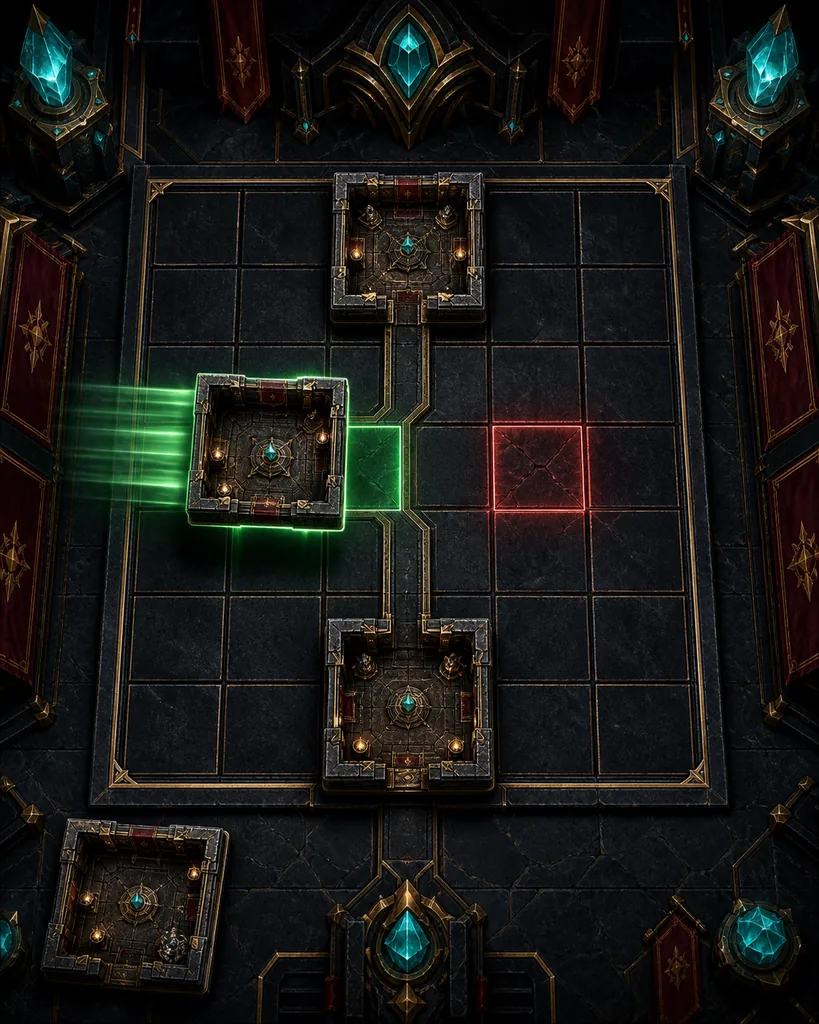 Editorial placement illustration showing a room on a green valid slot and a red blocked slot on a Temple grid