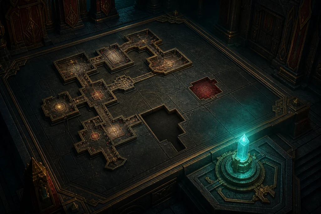 Editorial troubleshooting illustration of an incomplete Temple layout, blocked red room area, and glowing Console crystal