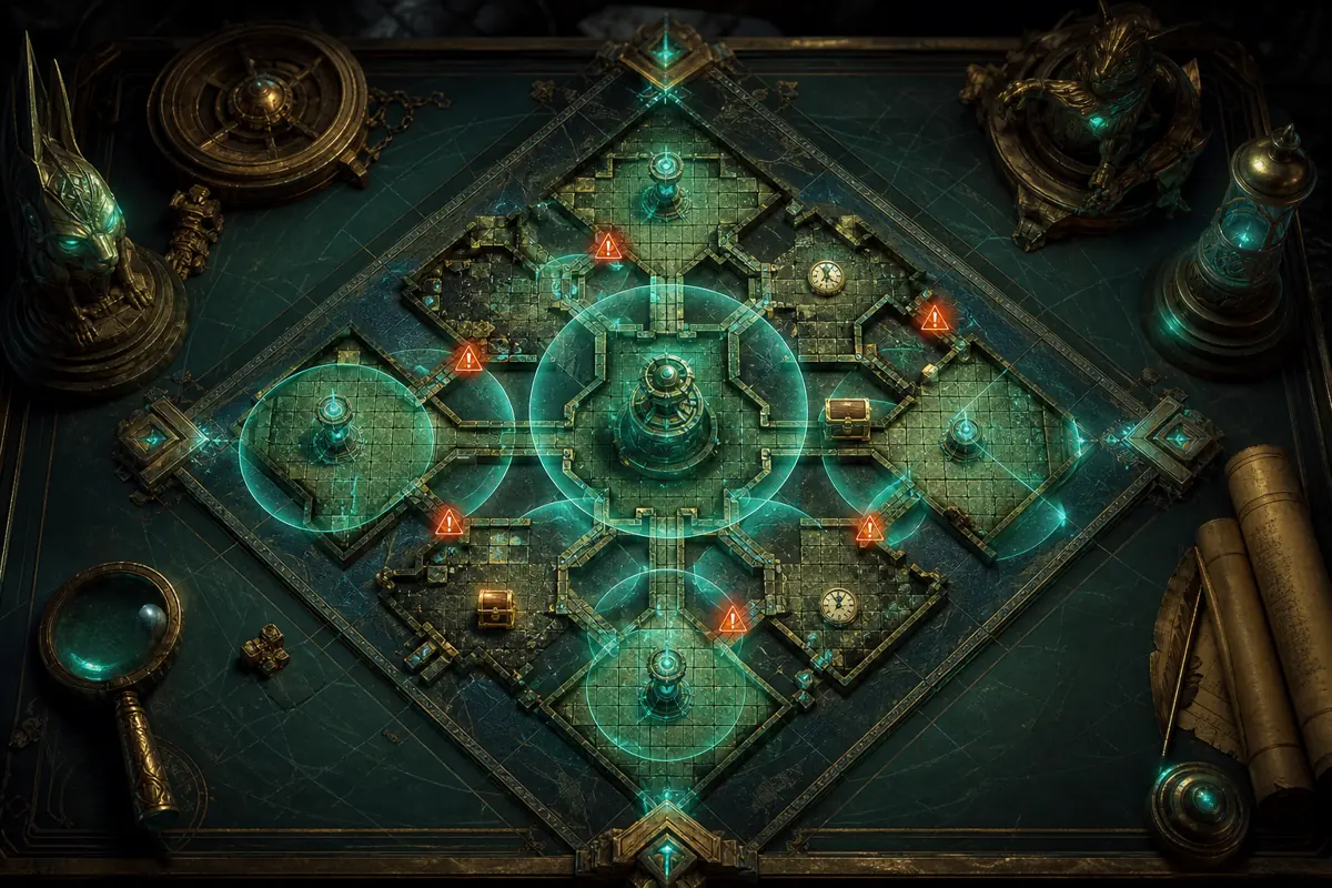 PoE2 Temple troubleshooting map showing broken farming routes and Generator coverage