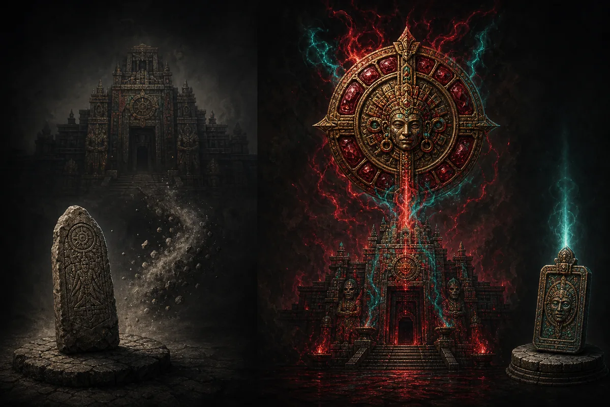 Editorial comparison of an ordinary Waystone, Atziri Temple, Zantipi medallion, and Temple tablet