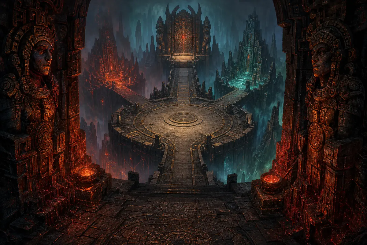 Editorial illustration of a Vaal challenge temple with three branching paths and a central reward arena