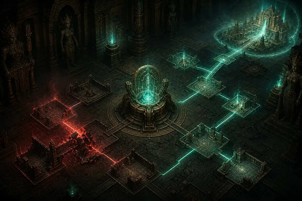Editorial illustration of a Vaal temple route splitting into salvage and rebuild decisions
