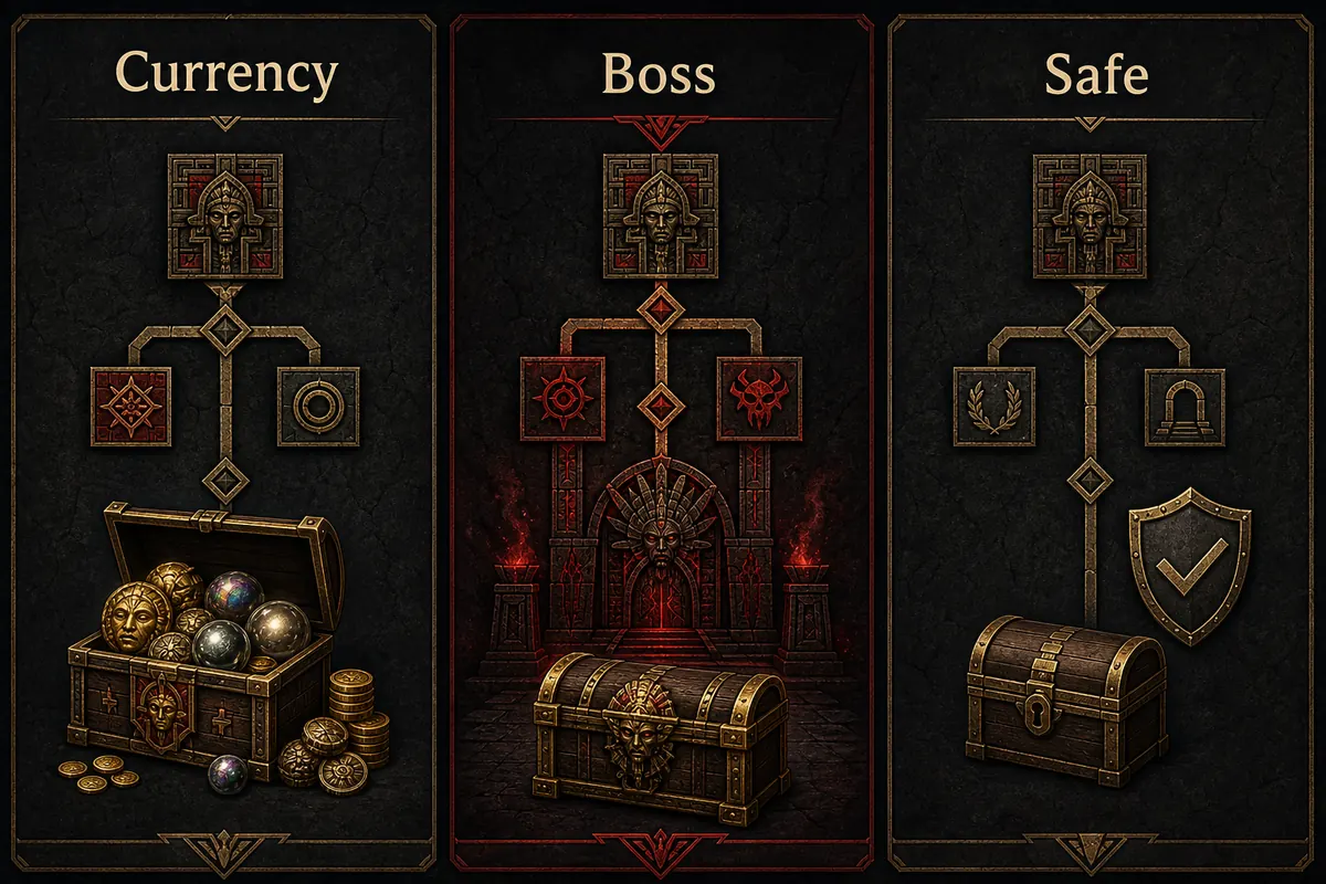 Editorial PoE2 Temple reward choice matrix comparing currency, boss route, and safe farm goals