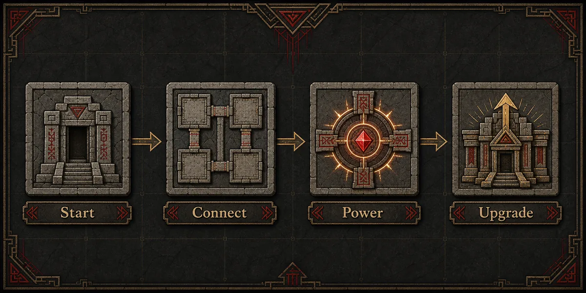 Editorial PoE2 Temple room connection flow showing start, connect, power, and upgrade steps