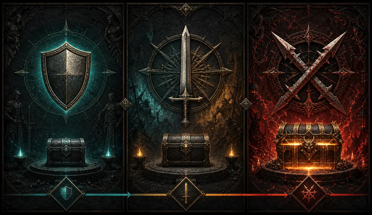 Non-official editorial comparison showing safe, balanced, and high-risk Trial of Chaos modifier choices